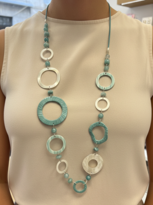 Long Boho Necklace Blue and Metallic