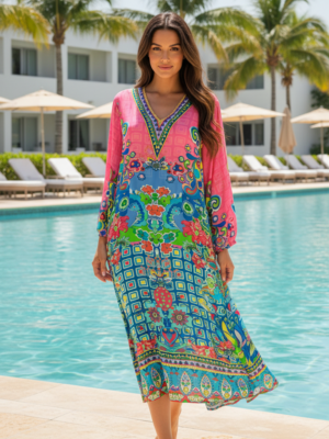 Luxe Viscose Kaftan - Pink & Blue Multicolour Frock  n Roll