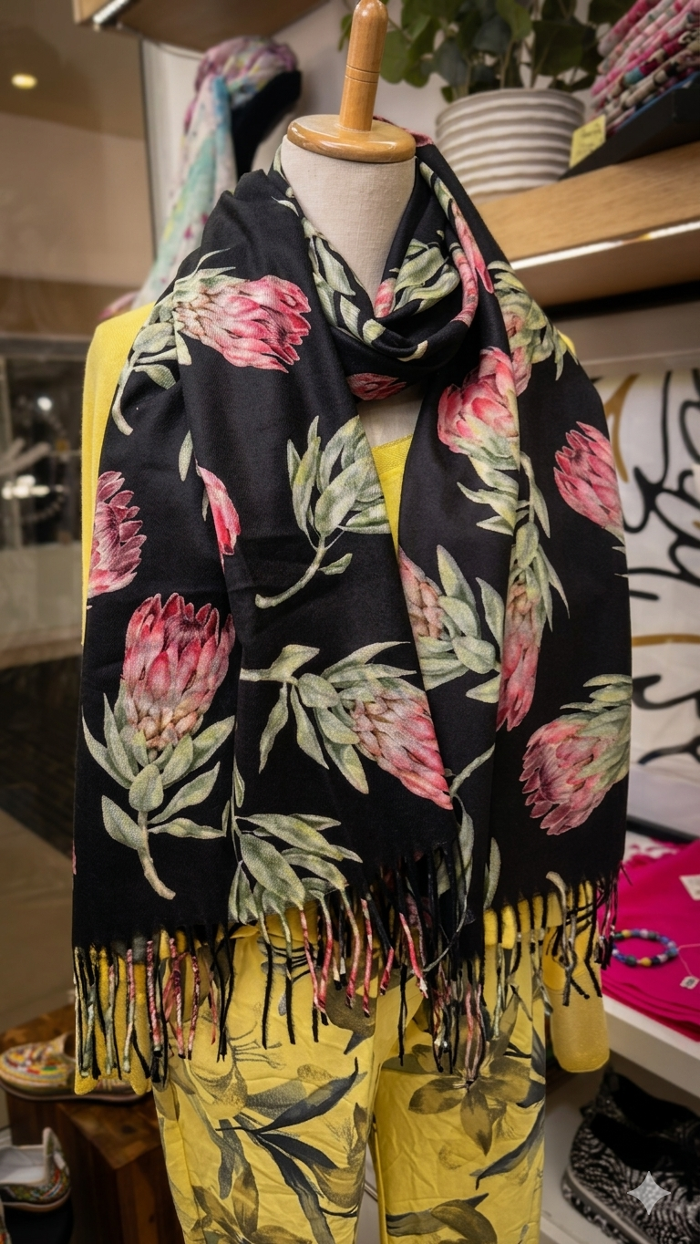 Luxury Protea Floral Pashmina – Midnight Botanical Wrap