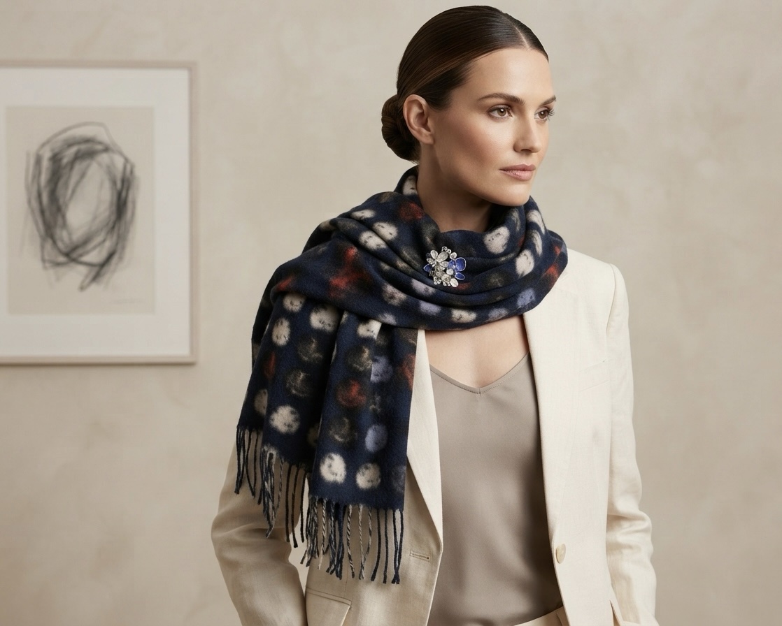 Abstract spot print pashmina Warm Navy Warm