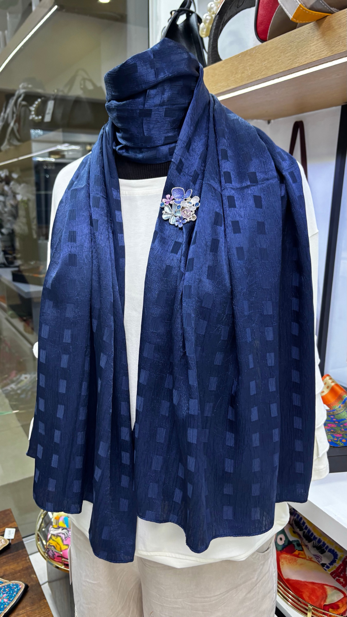Navy Shimmer Textured Scarf with Subtle Geometric Pattern