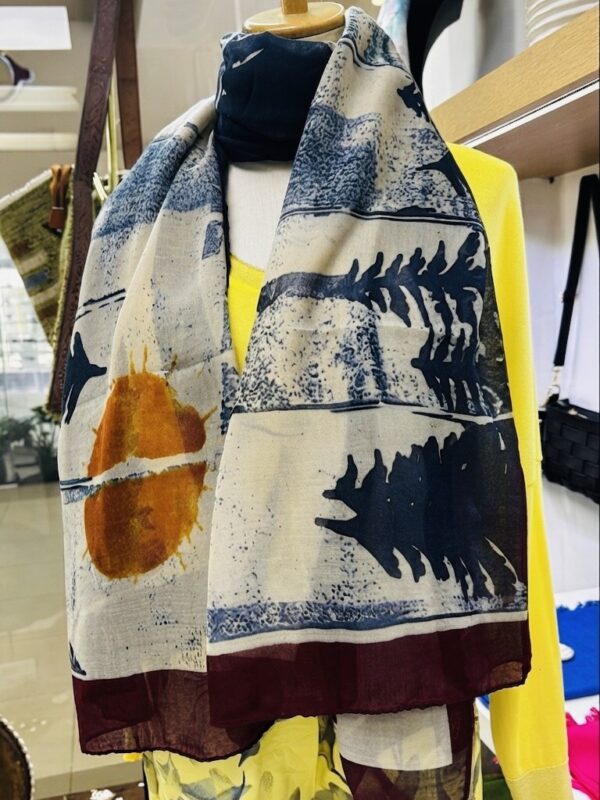 Abstract Sun & Pine Print Cotton Scarf – Effortless Summer Elegance Navy