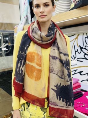 Abstract Sun & Pine Print Cotton Scarf – Effortless Summer Elegance Burgundy