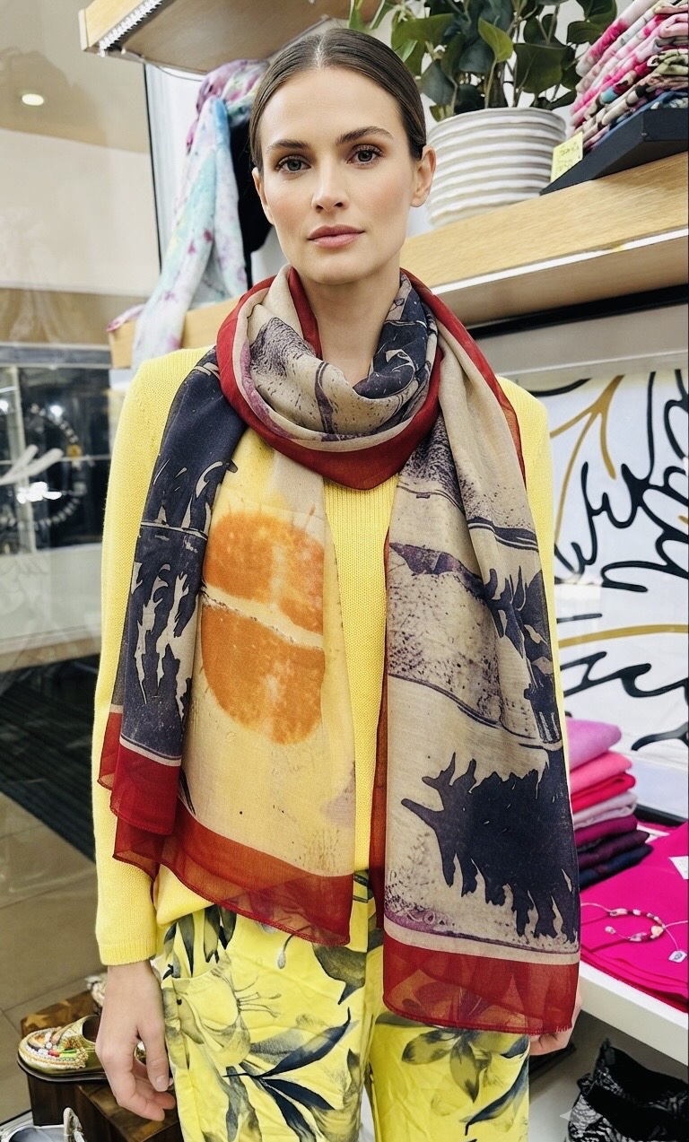Abstract Sun & Pine Print Cotton Scarf – Effortless Summer Elegance Burgundy