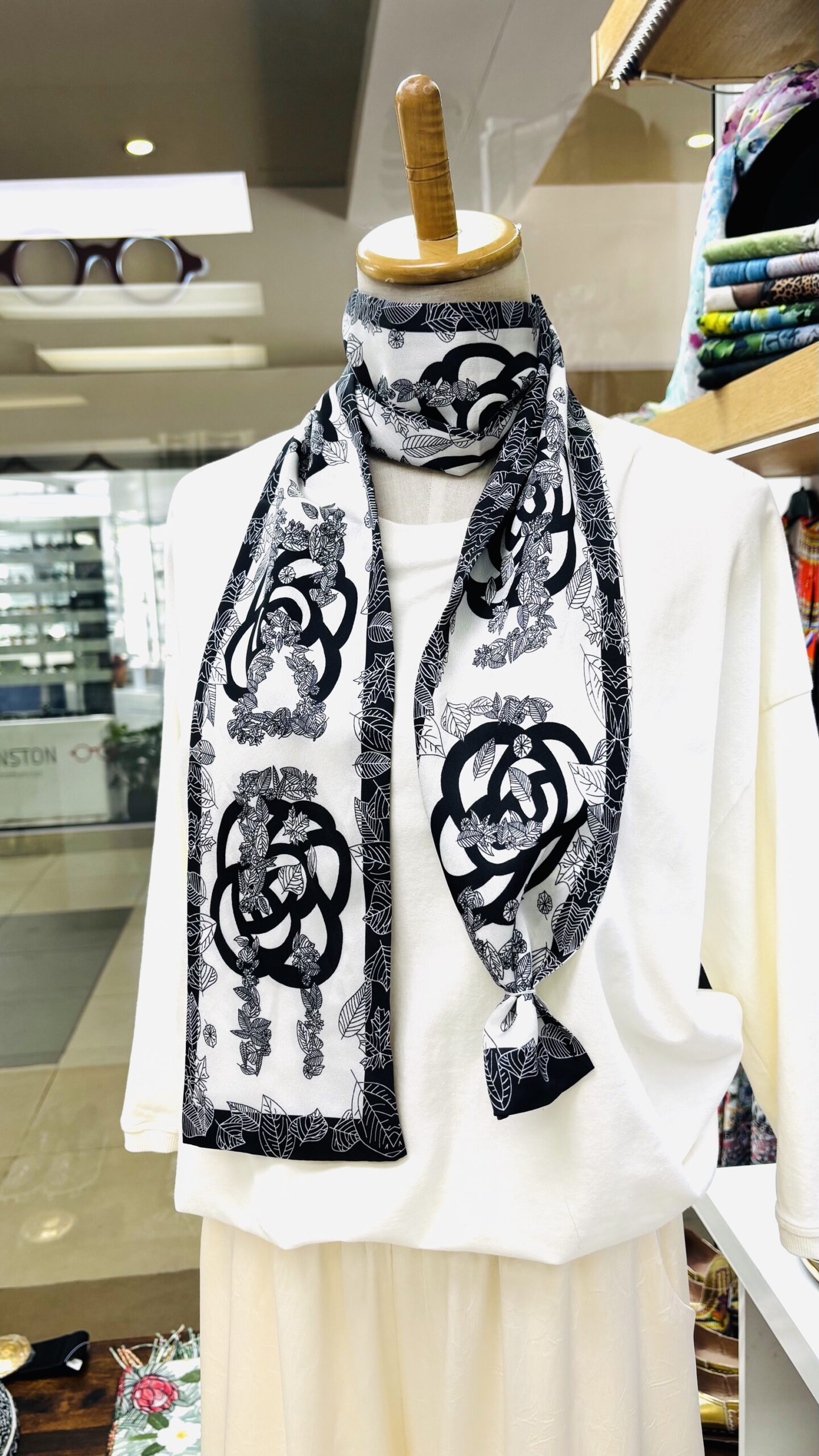 Monochrome Botanical Silk-Feel Scarf – Signature Boutique Collection