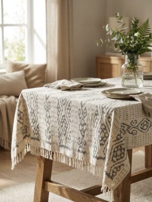 Handwoven Organic Cotton Tablecloth – Cream & Grey Tribal Geometric Dining Cover & Couch Throw