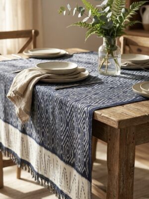 Handwoven Organic 100% Cotton Tablecloth – Blue Indigo Tribal Geometric Dining Cover & Couch Throw