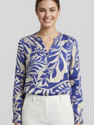 Modern Cobalt Blue Botanical Leaf Print Luxury Blouse