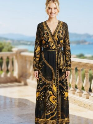 Monaco Silk-Chiffon Wrap Maxi Dress – Onyx & Gilded Mosaic Print