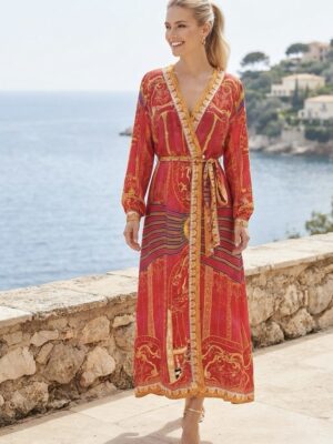 Monaco Silk-Chiffon Wrap Maxi Dress – Sunset Terracotta & Ornate Border Print