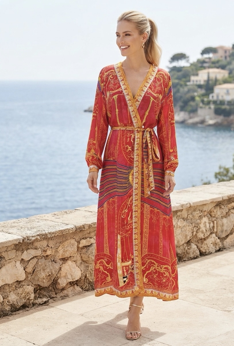 Monaco Silk-Chiffon Wrap Maxi Dress – Sunset Terracotta & Ornate Border Print