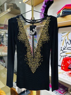 Midnight Glamour Gold-Studded Mesh V-Neck Blouse