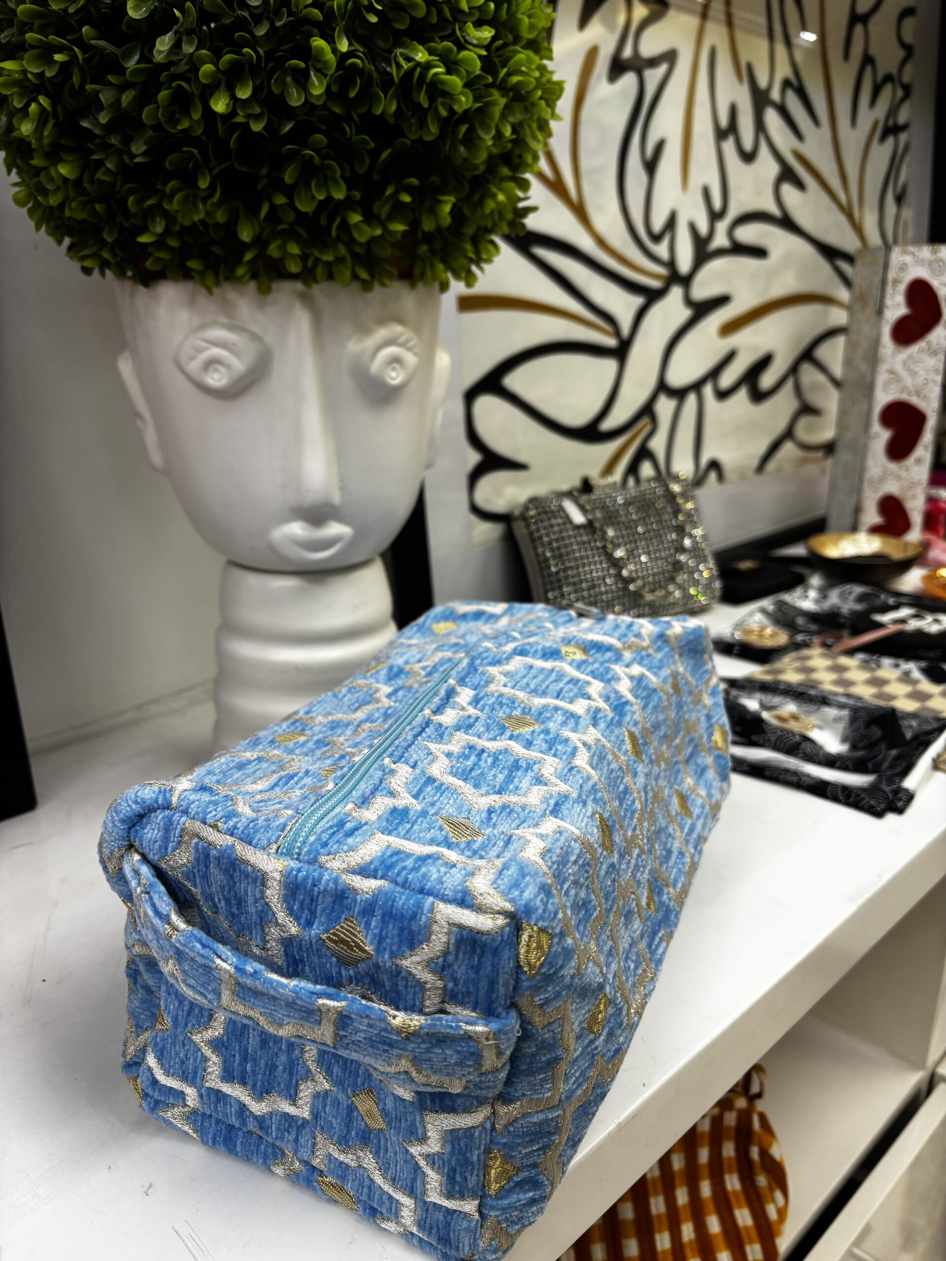 Mediterranean Blue & Gold Eco-Friendly Woven Cotton Vanity Bag