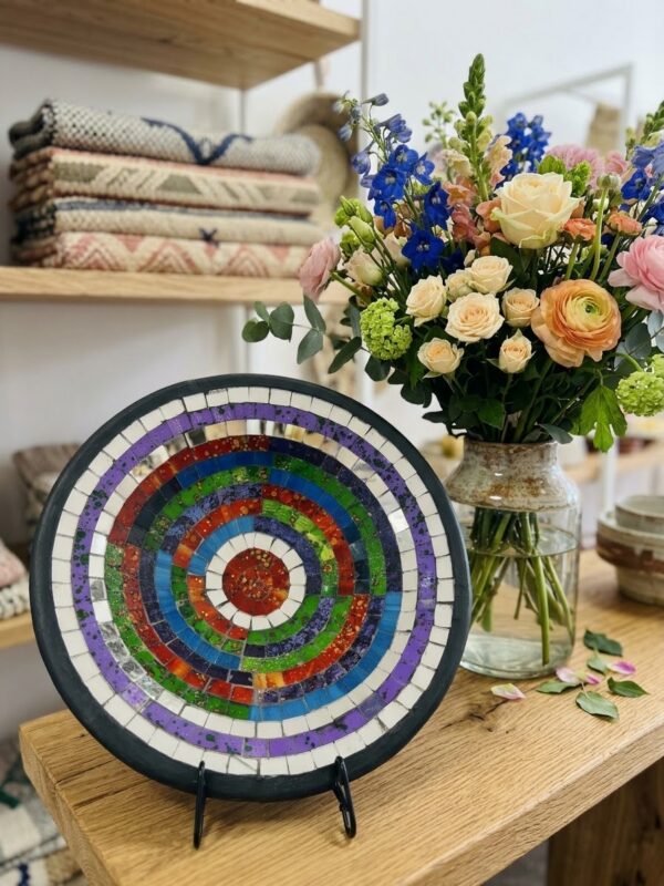 The Kaleidoscope Rings Circular Mosaic Art Piece – Handcrafted Vibrant Tabletop Decor with Stand for Colorful, Eco-Friendly Home Styling