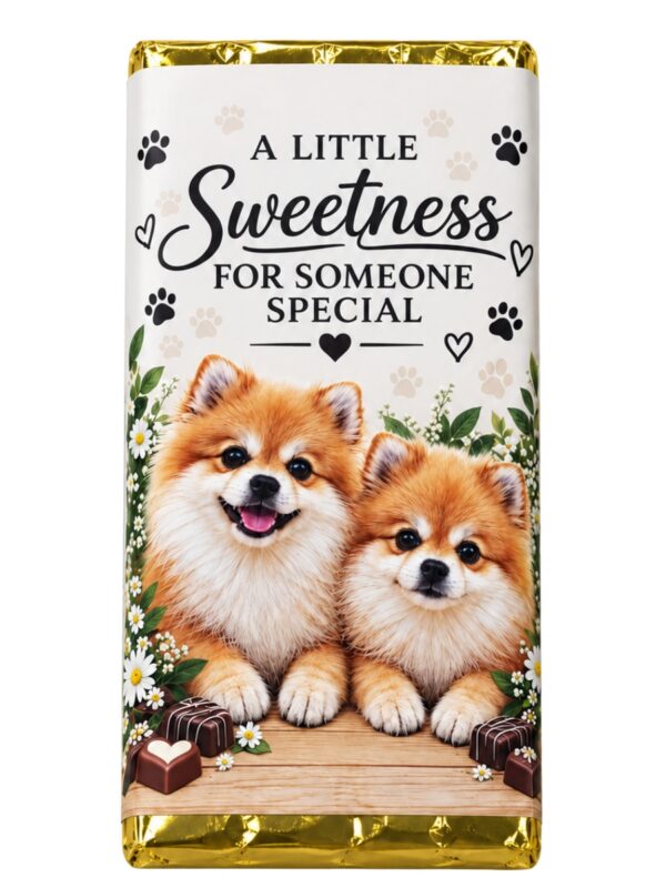 Front of the SNOG Pomeranian chocolate 100g gift bar with To/From message panel, ingredients and allergens