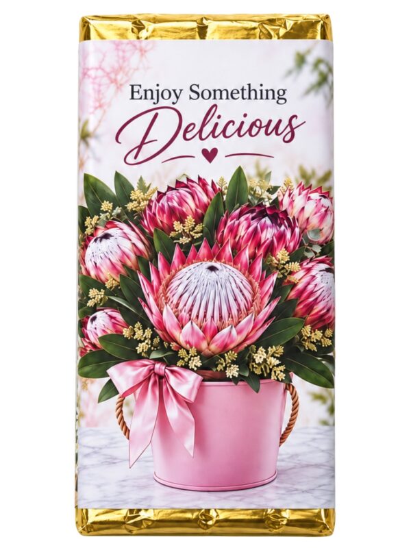 Front of the SNOG Protea chocolate 100g gift bar with To/From message panel, ingredients and allergens