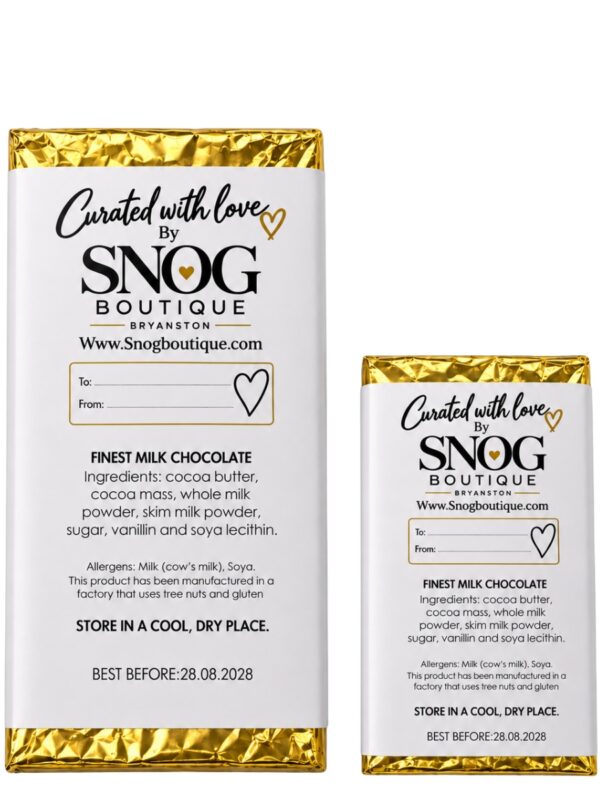 Back of the SNOG Protea chocolate gift bar with To/From message panel, ingredients and allergens showing 45g and 100g bars