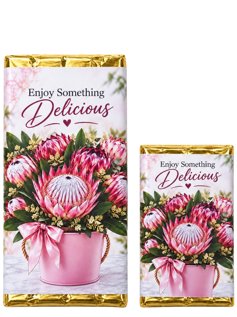 Front of the SNOG Protea chocolate 45g and 100g gift bar with To/From message panel, ingredients and allergens