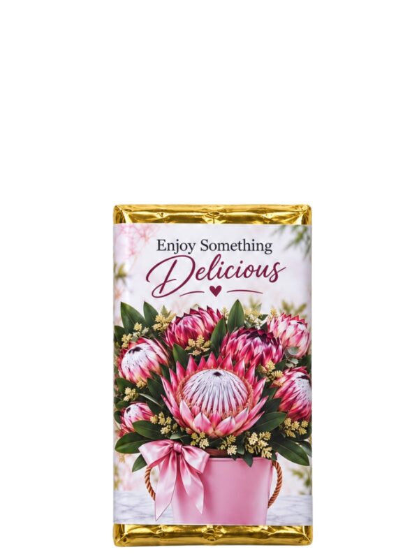 Front of the SNOG Protea chocolate 45g gift bar with To/From message panel, ingredients and allergens